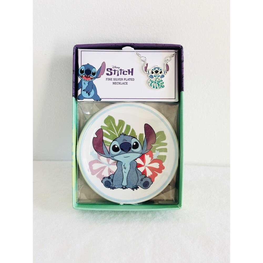Disney Stitch Fine Silver Plated Necklace & Trinket Tray Set Brand New